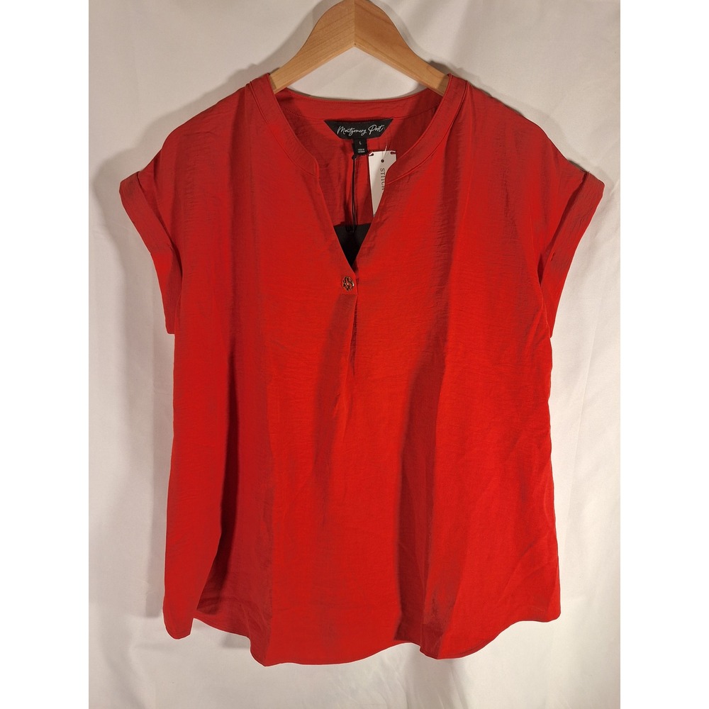 Montgomery Post Shannyn Airette Blouse Red Cuffed Short Sleeve Split Neck L NEW